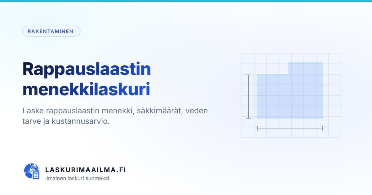 Rappauslaastin menekkilaskuri – Laske rappauslaastin menekki, säkkimäärät, veden tarve ja kustannusarvio