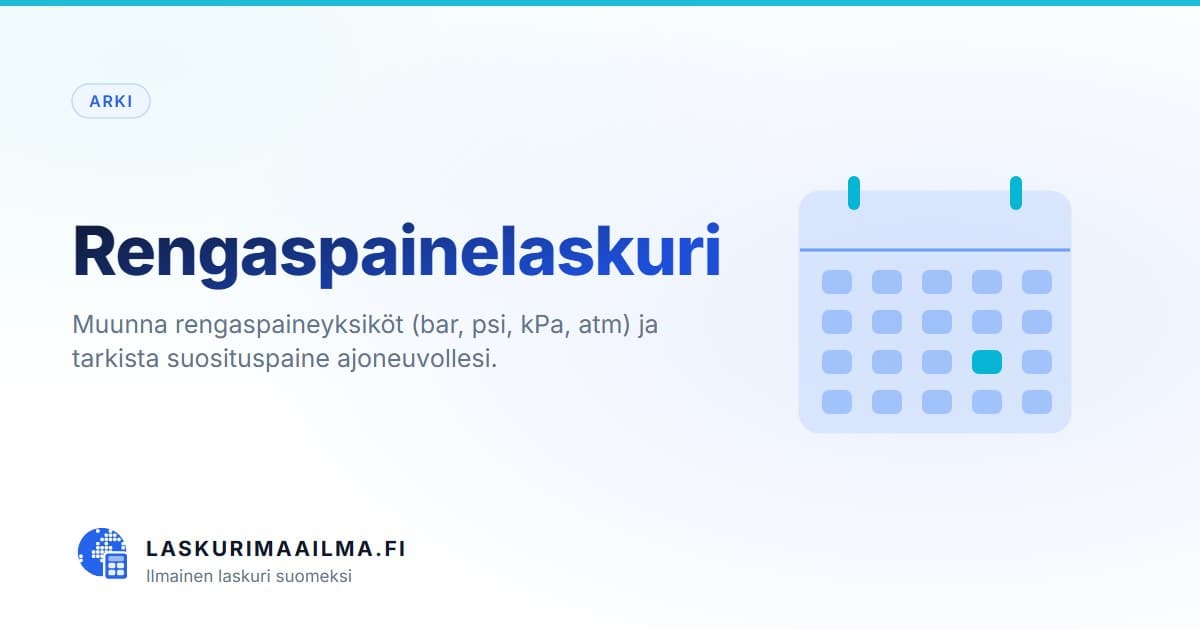 Rengaspainelaskuri – Muunna rengaspaineyksiköt (bar, psi, kPa, atm) ja tarkista suosituspaine ajoneuvollesi
