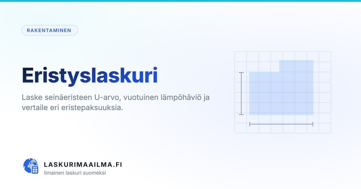 Eristyslaskuri – Laske seinäeristeen U-arvo, vuotuinen lämpöhäviö ja vertaile eri eristepaksuuksia