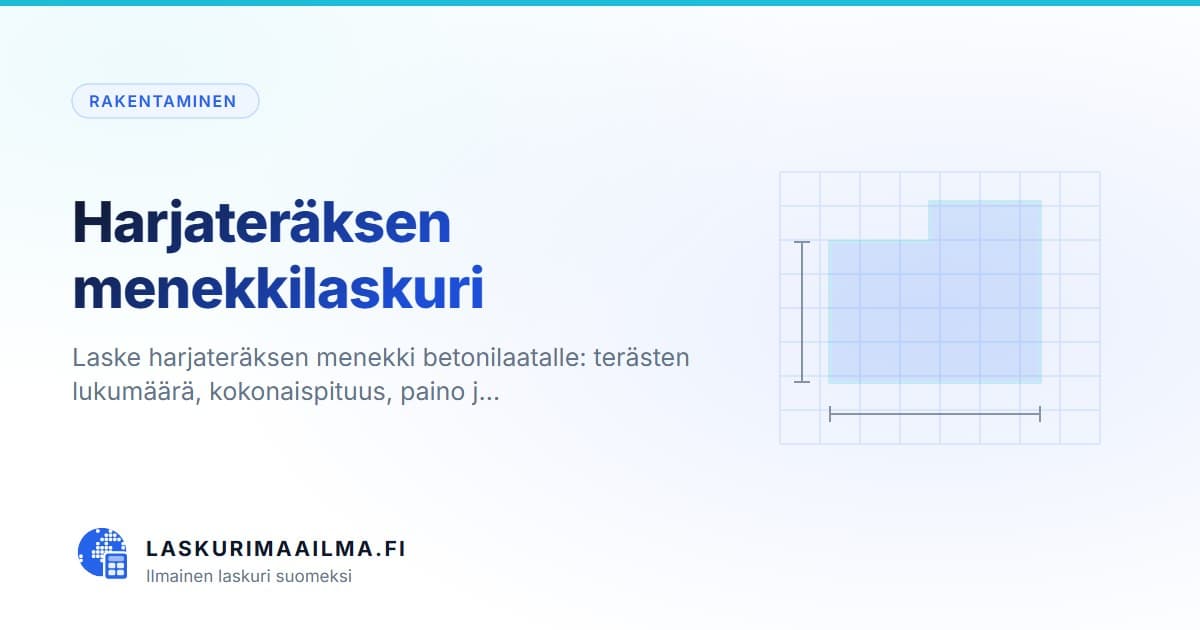 Harjateräksen menekkilaskuri – Laske harjateräksen menekki betonilaatalle: terästen lukumäärä, kokonaispituus, paino j…
