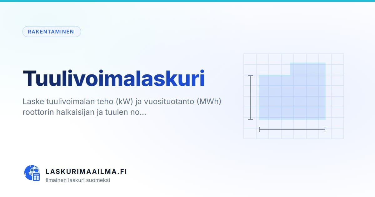 Tuulivoimalaskuri – Laske tuulivoimalan teho (kW) ja vuosituotanto (MWh) roottorin halkaisijan ja tuulen no…